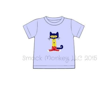 Boy's applique "SMART CAT" baby blue short sleeve shirt (18m)