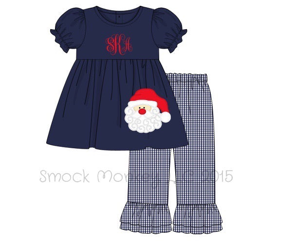 Girl's applique "SANTA" navy knit short sleeve swing top and microgingham ruffle pant set (NO MONOGRAM) (6m)