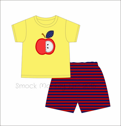 Boy's applique "APPLE OF MY EYE" yellow striped short sleeve shirt and red and navy knit short set (2t,3t,6t)