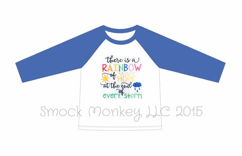Boy's applique "AFTER THE STORM" white long sleeve with blue sleeve baseball shirt (6m,9m,12m,24m,2t,3t,4t,5t,6t)