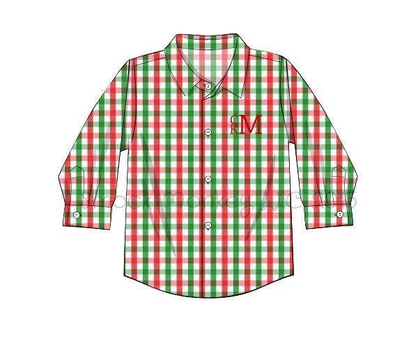 Boy's red and green gingham long sleeve button down shirt (NO MONOGRAM) (6m,9m)