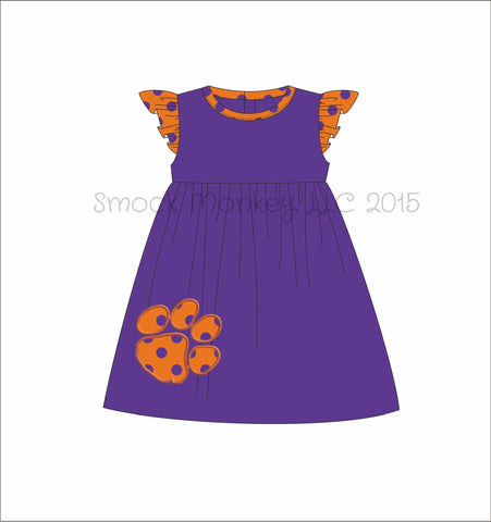Girl's applique "PAW" purple with orange polka dot angel wing knit swing dress (18m)