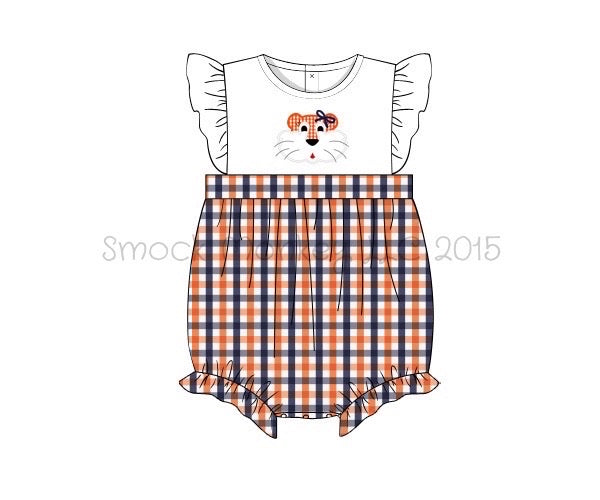 Girl's applique "TIGER" white with orange and navy plaid angel wing bubble (18m,24m,2t,3t,4t)