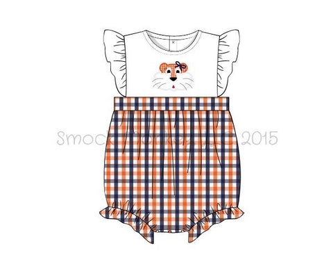 Girl's applique "TIGER" white with orange and navy plaid angel wing bubble (24m,2t,3t,4t)