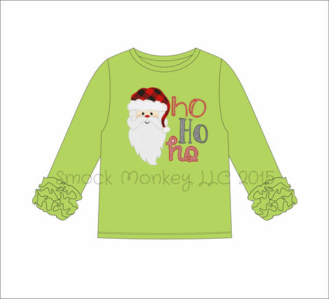 Girl's applique "HO HO HO SANTA" lime green long sleeve knit ruffle shirt (12m,18m,24m)