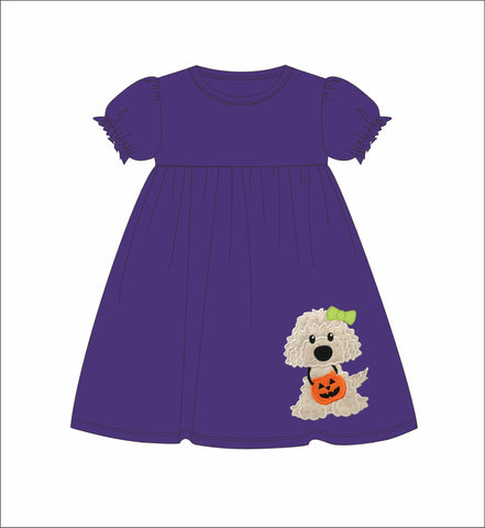 Girl's applique "HAZEL THE DOG" purple short sleeve knit swing dress (18m,24m)