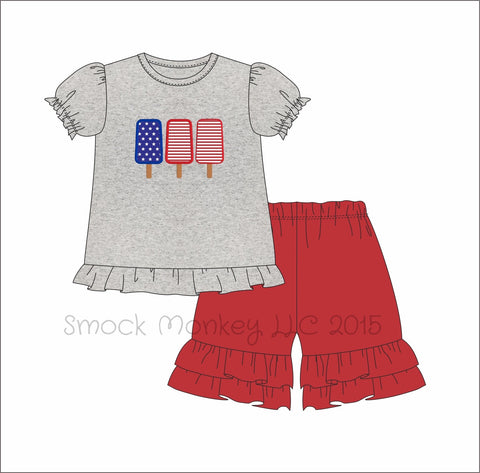 Girl's applique "PATRIOTIC POPSICLES" gray knit short sleeve shirt and red knit ruffle short set (2t)