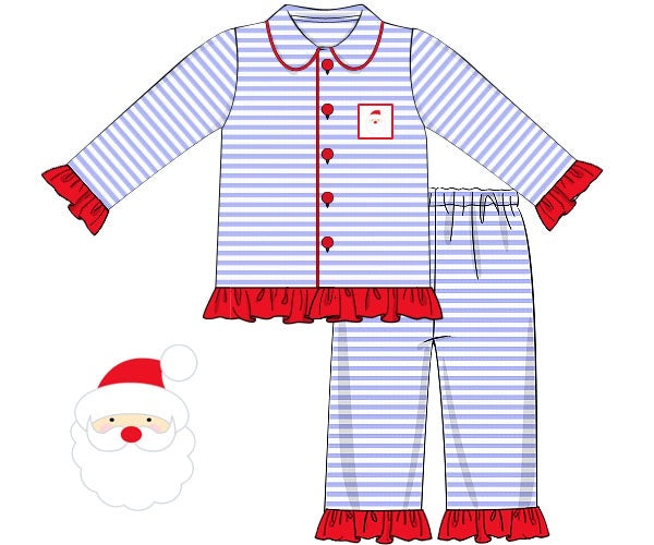 Girl's embroidered "SANTA" blue thin striped knit two piece front button pajama set with ruffles (9m)