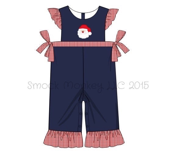 Girl's applique "SANTA" navy knit with red microgingham ruffle overalls (12m)