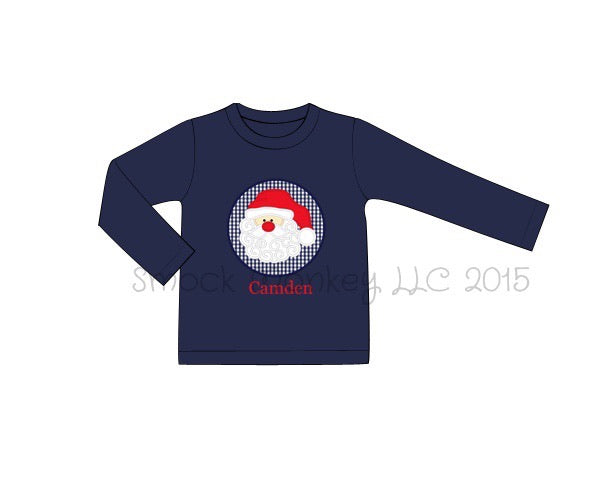 Boy's applique "SANTA" navy knit long sleeve shirt (NO MONOGRAM) (9m,3t)