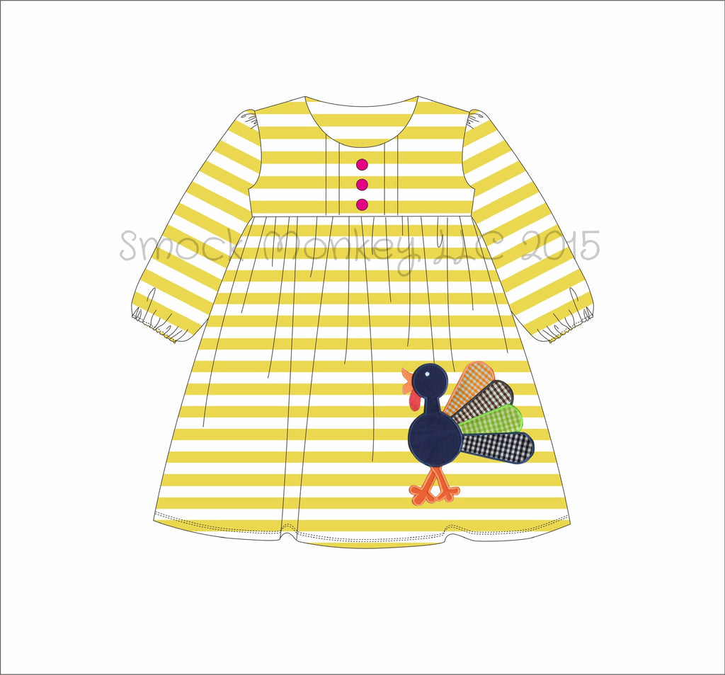 Girl's applique "TURKEY" mustard and white striped long sleeve swing dress with button front (9m,12m)