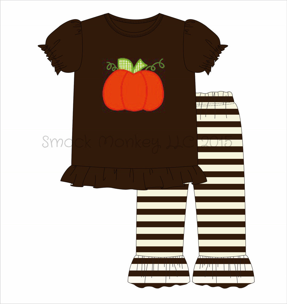 Girl's applique "PUMPKIN" brown knit short sleeve shirt and brown / cream ruffle pant set ***see desc (12m)