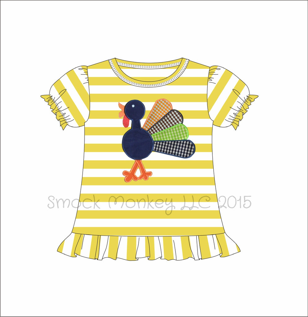 Girl's applique "TURKEY" mustard and white striped short sleeve ruffle shirt (6m,12m,24m,2t)