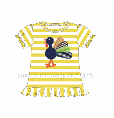 Girl's applique "TURKEY" mustard and white striped short sleeve ruffle shirt (12m,24m,2t)