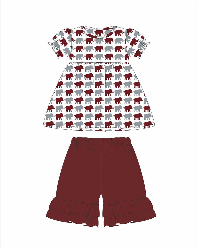 Girl's Elephant Print short sleeve swing top and garnet ruffle shorts (24m,2t,4t)