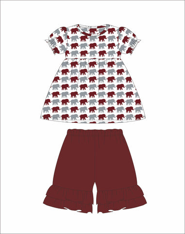 Girl's Elephant Print short sleeve swing top and garnet ruffle shorts (24m,2t,4t)