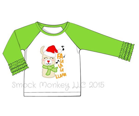 Girl’s applique “FA LA LA LA LLAMA” baseball shirt with lime green ruffle sleeves (18m)