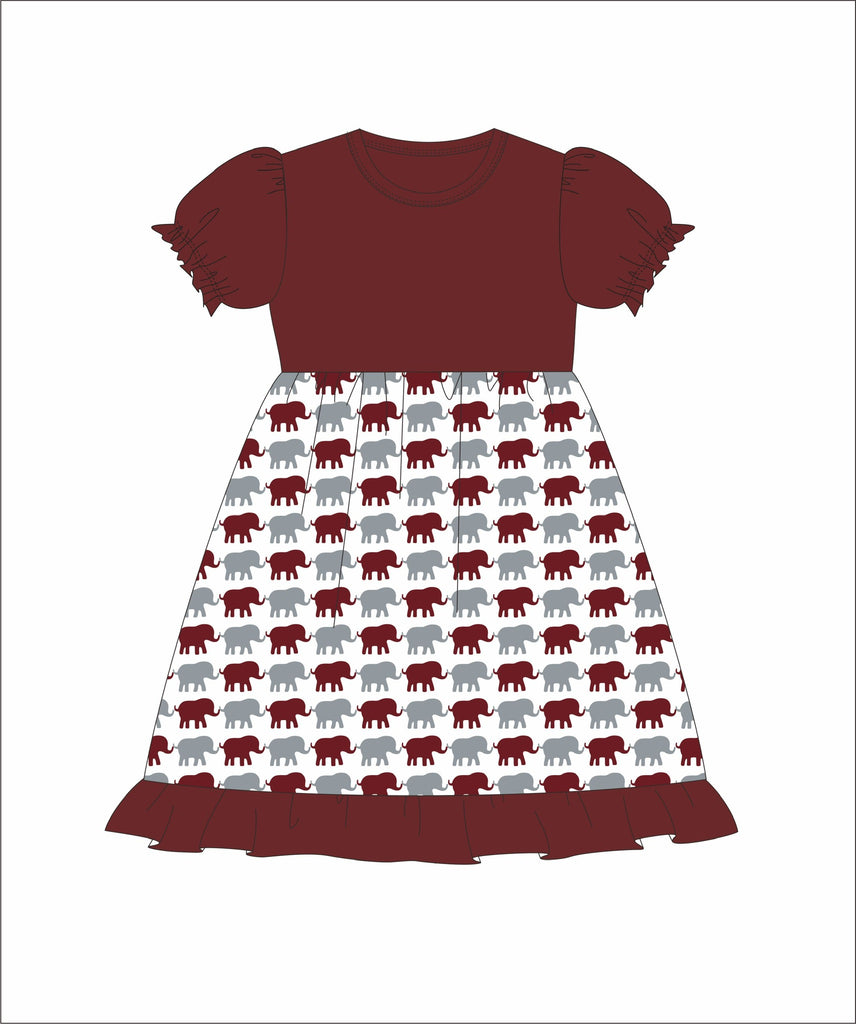 Girl's Garnet and Elephant Print short sleeve swing dress (6m,12m,24m)