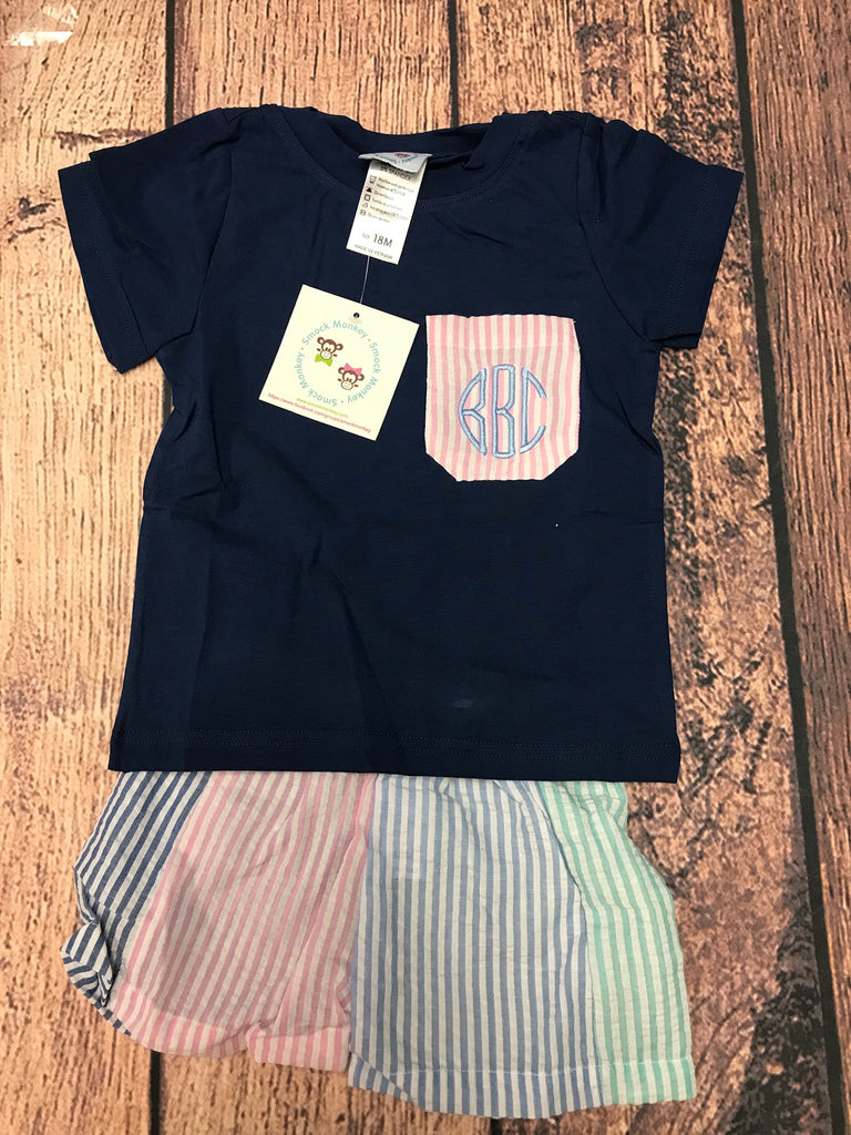 Boy's navy blue shirt with pocket and colorblock short set "BBC" (18m)