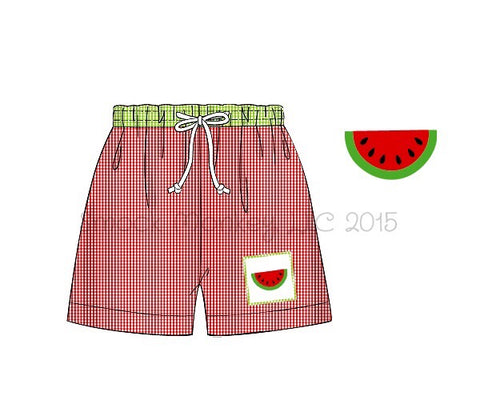 Boy's smocked "WATERMELON" red microgingham with lime green microgingham waistband swim trunks (10t)