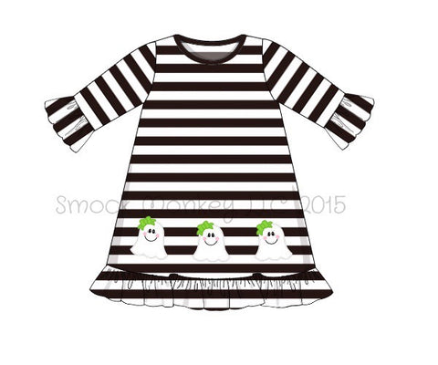 Girl's applique "GHOSTS" black striped 3/4 ruffle sleeve swing dress (NO MONOGRAM) (12m)