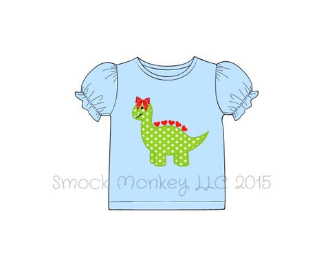 Girl's applique "DINOSAUR" light blue short sleeve puff shirt (6m,9m)