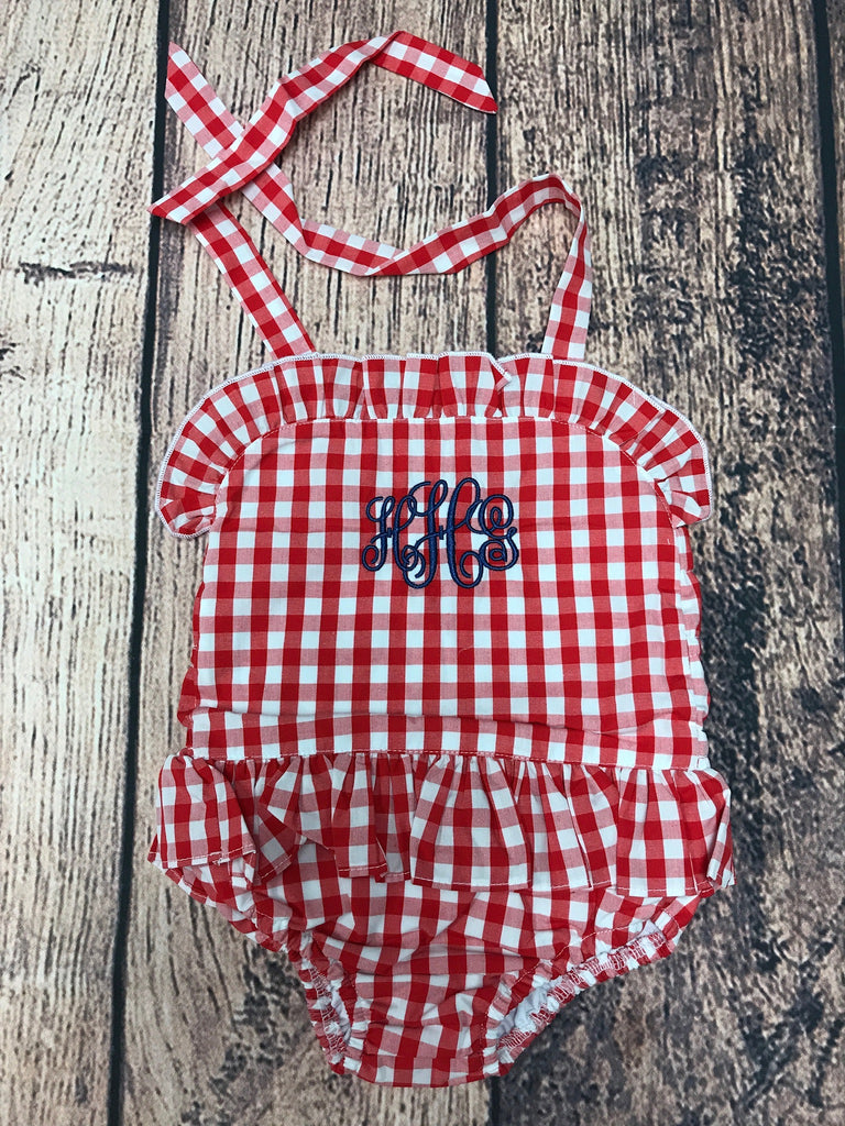 Girl's red gingham print one piece swim suit "HHG" (9m)