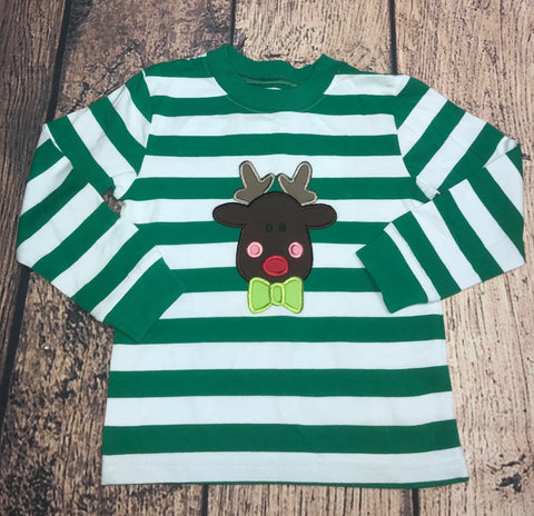 Boy's ST applique "RUDY THE RED NOSE" green and white striped knit shirt (SIZE UP) (10t)