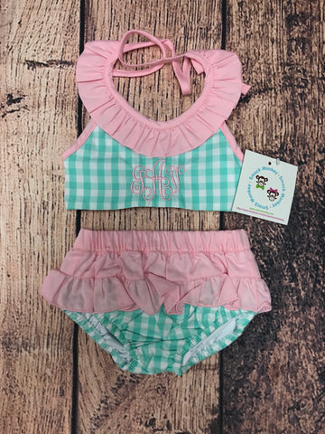 Girl's mint gingham two piece swim suit "JAV" (12m)