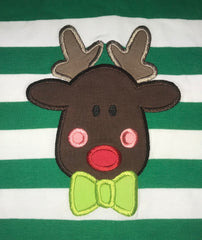 Boy's ST applique "RUDY THE RED NOSE" green and white striped knit shirt (SIZE UP) (10t)