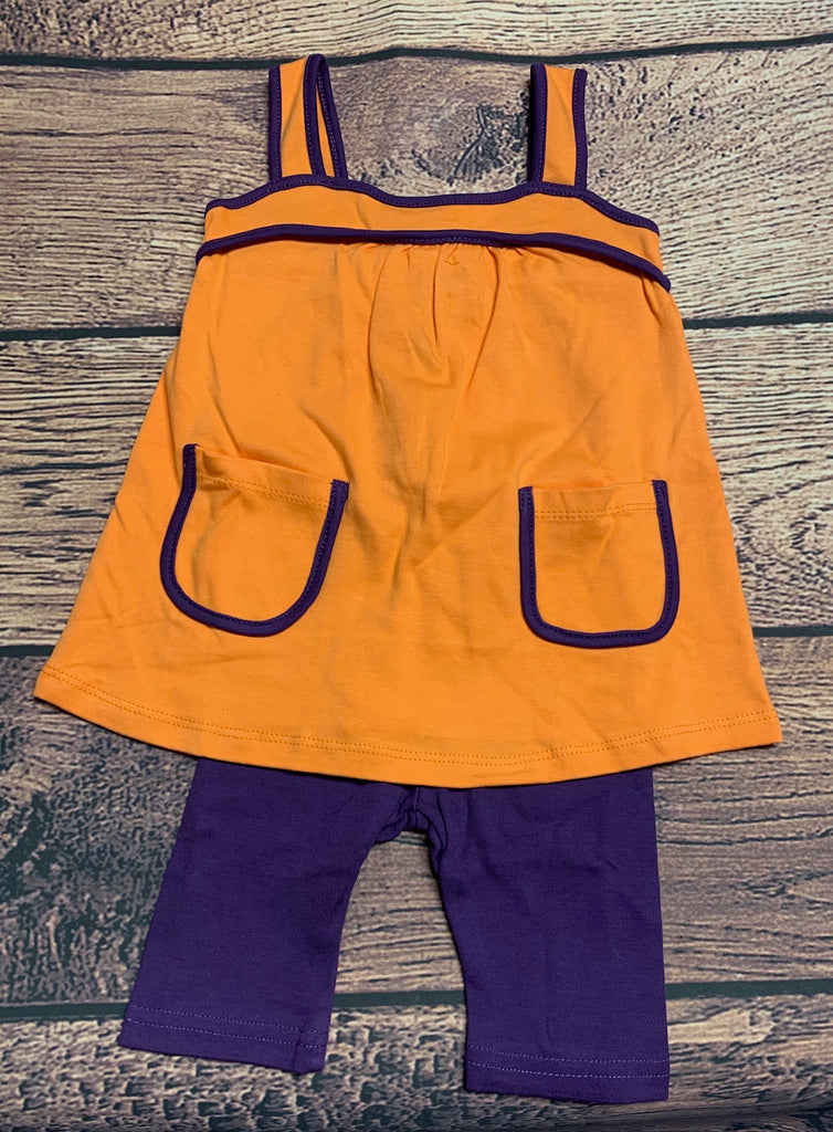 Girl's knit orange with purple trim swing top and purple Capri leggings (12m)