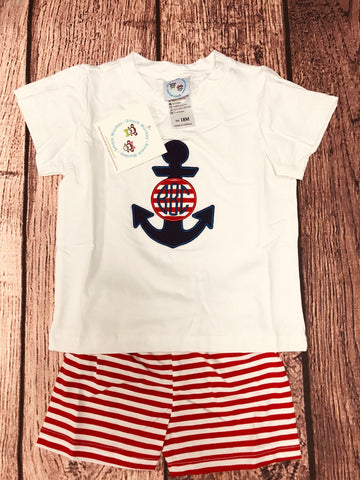Boy's applique "ANCHOR" white short sleeve shirt and red striped knit short set "BBC" (18m)