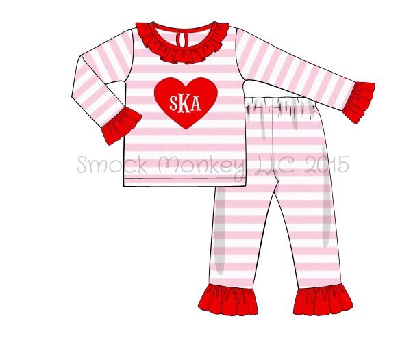 Girl's applique "HEART" pink striped knit two piece pajama / pant set (NO MONOGRAM) (3m,6m)