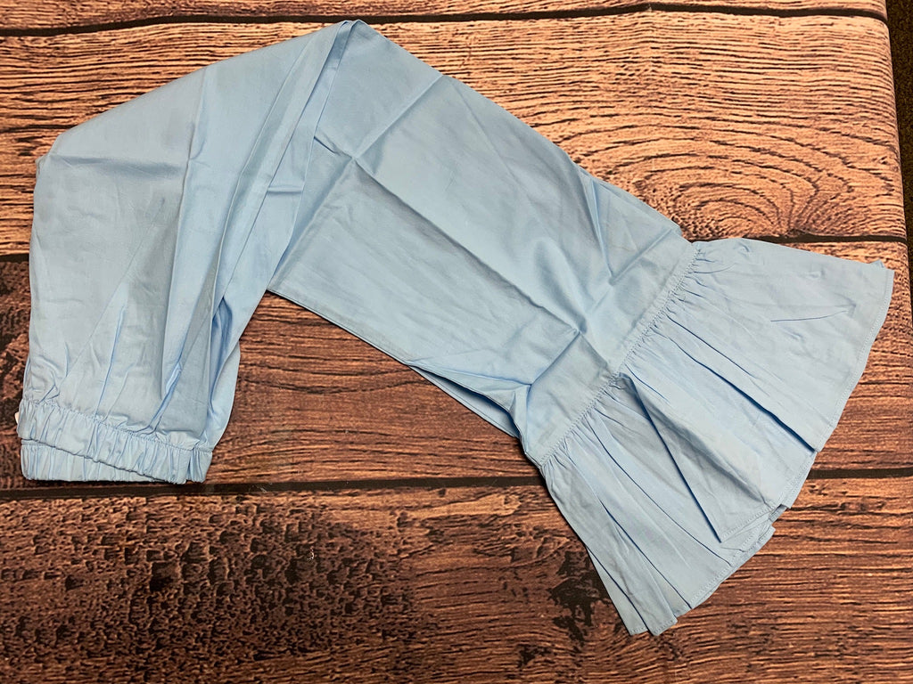 Girl's light blue shiny cotton single ruffle pants (10t)