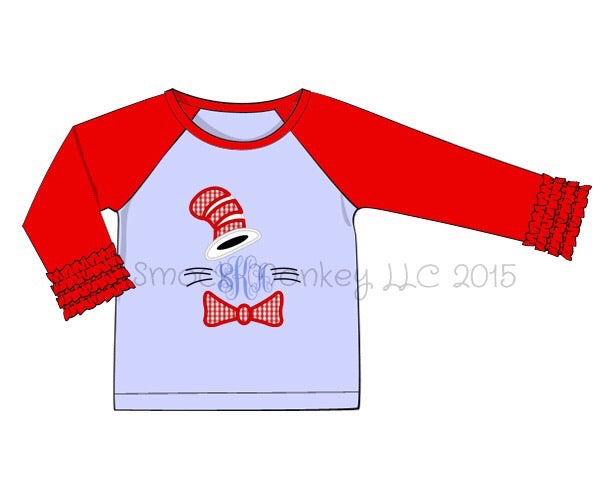 Girl's applique "DR. SEUSS" blue baseball shirt with red ruffle sleeves (NO MONOGRAM) (18m)