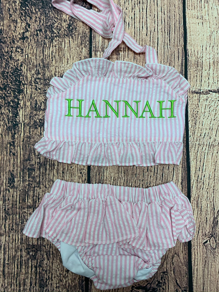 Girl's pink striped seersucker two piece swim suit "HANNAH” (2t)