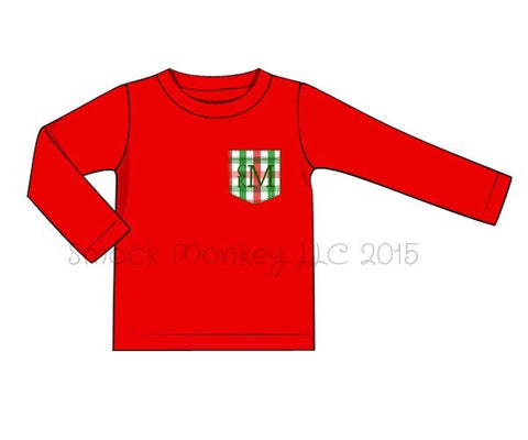 Boy’s red knit long sleeve shirt with red/green gingham pocket (NO MONOGRAM) (12m)