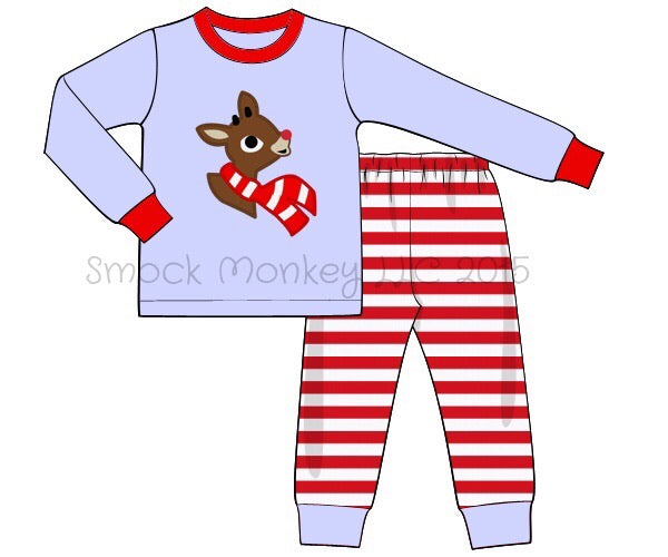 Boy’s applique “RUDY” baby blue with red stripes two piece knit pajama set (6m)