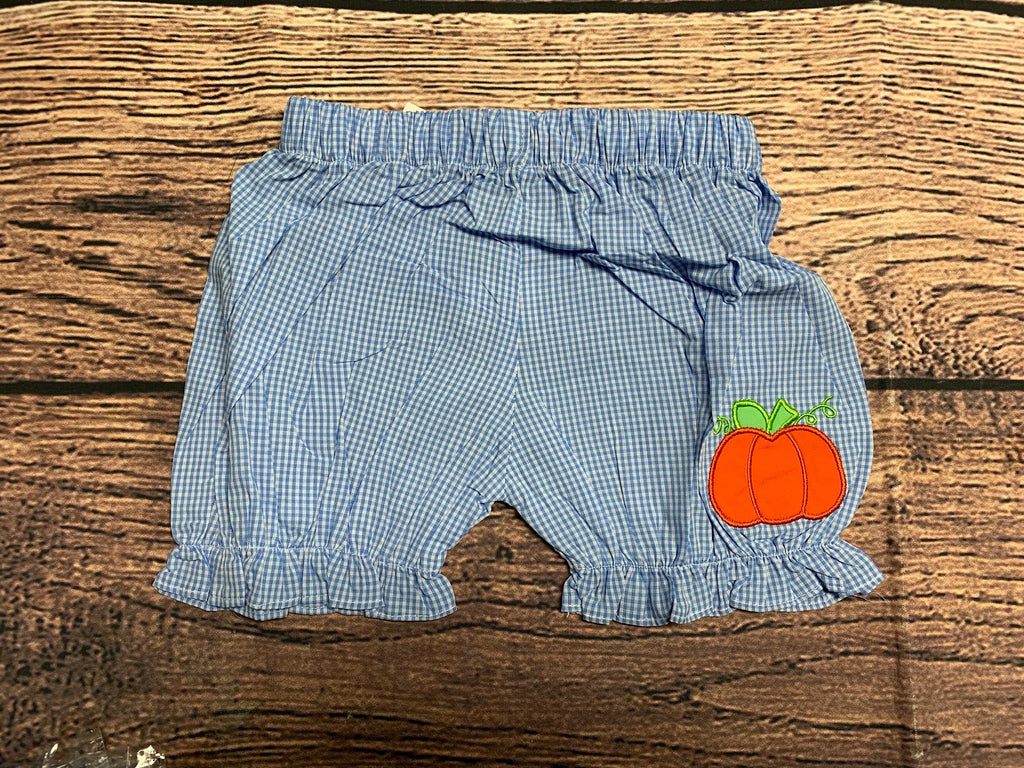 Girl's blue microgingham bloomers with pumpkin applique (7t)