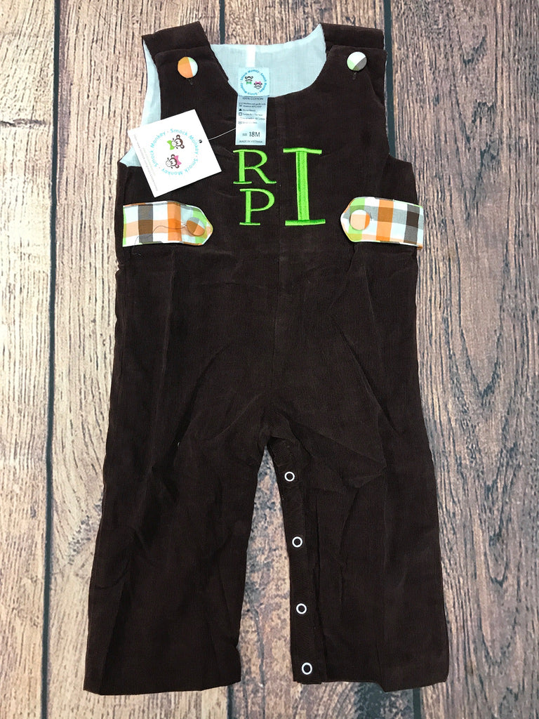 Boy's brown corduroy longall with plaid sash "RPI" (18m)