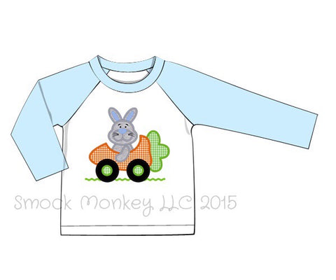 Boy's applique "SPEED BUNNY CARROT" white and baby blue knit l/s baseball shirt (6m)