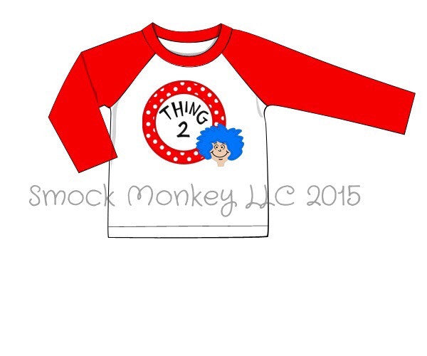 Unisex applique "THING 2" white long sleeve baseball tee with red sleeves (3m,12m)