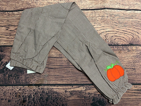 Girl's brown microgingham cotton pants with pumpkin applique (10t)