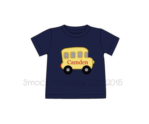 Boy's applique "SCHOOL BUS" navy knit short sleeve shirt (NO MONOGRAM) (8t)