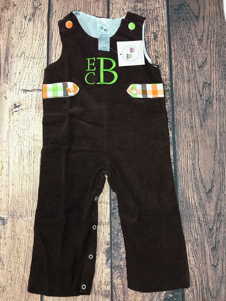 Boy's brown corduroy longall with plaid sash "ECB" (2t)