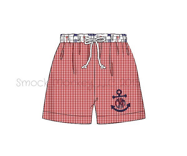 Boy's applique "FULL ANCHOR or BLANK" red gingham with ANCHOR PRINT swim trunks (8t)