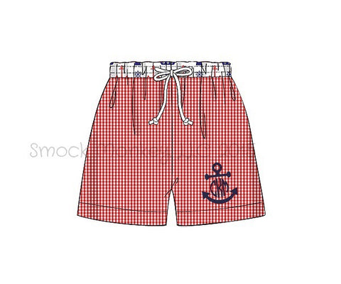 Boy's applique "FULL ANCHOR or BLANK" red gingham with ANCHOR PRINT swim trunks (8t)