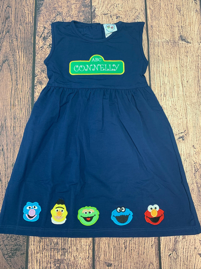 Girl's applique "ELMO AND FRIENDS" navy sleeveless swing dress "CONNELLY" (5t)