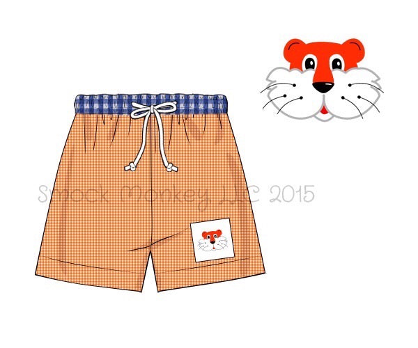 Boy's smocked "TIGER" orange and navy microgingham swim trunks (3m,9m,8t)