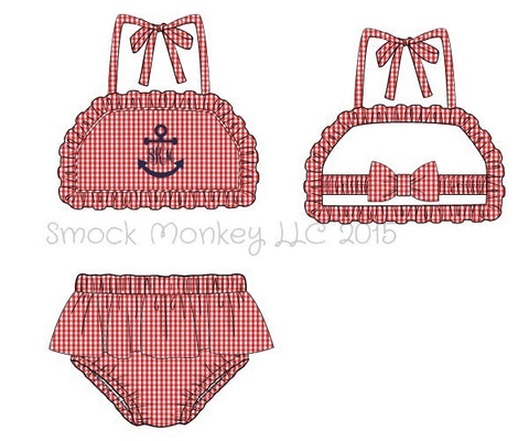 Girl's applique "BLANK - NO ANCHOR" red gingham two piece ruffle swim suit (NO MONOGRAM) (6m)